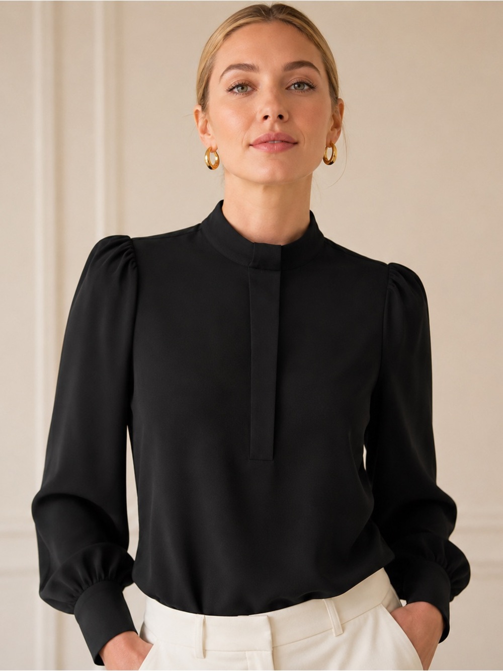 J.ING Black Elegant Long Sleeve Blouse Pearl Button Detail Mock Neck Size Small